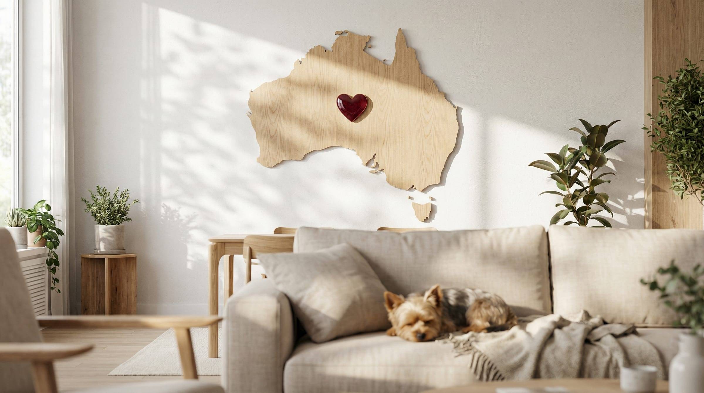 A timber map of Australia with a small heart over Sydney, on a living-room wall