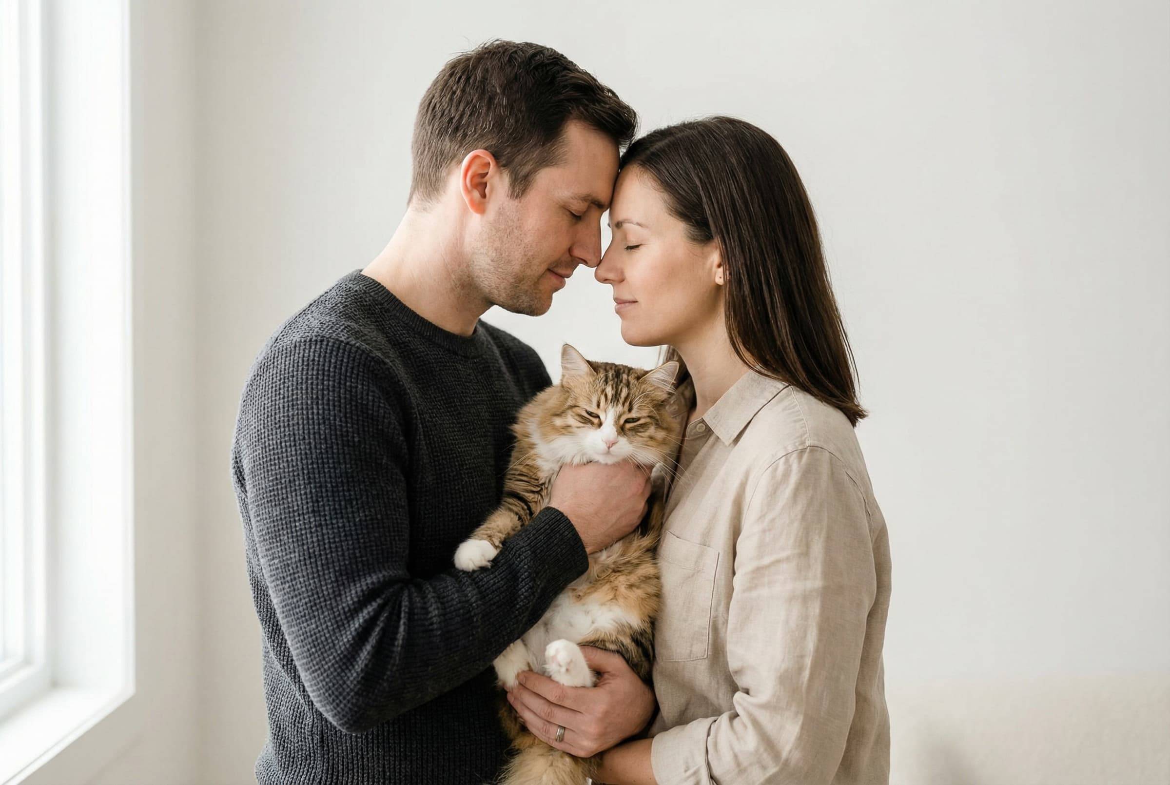 A couple holding their cat close at home