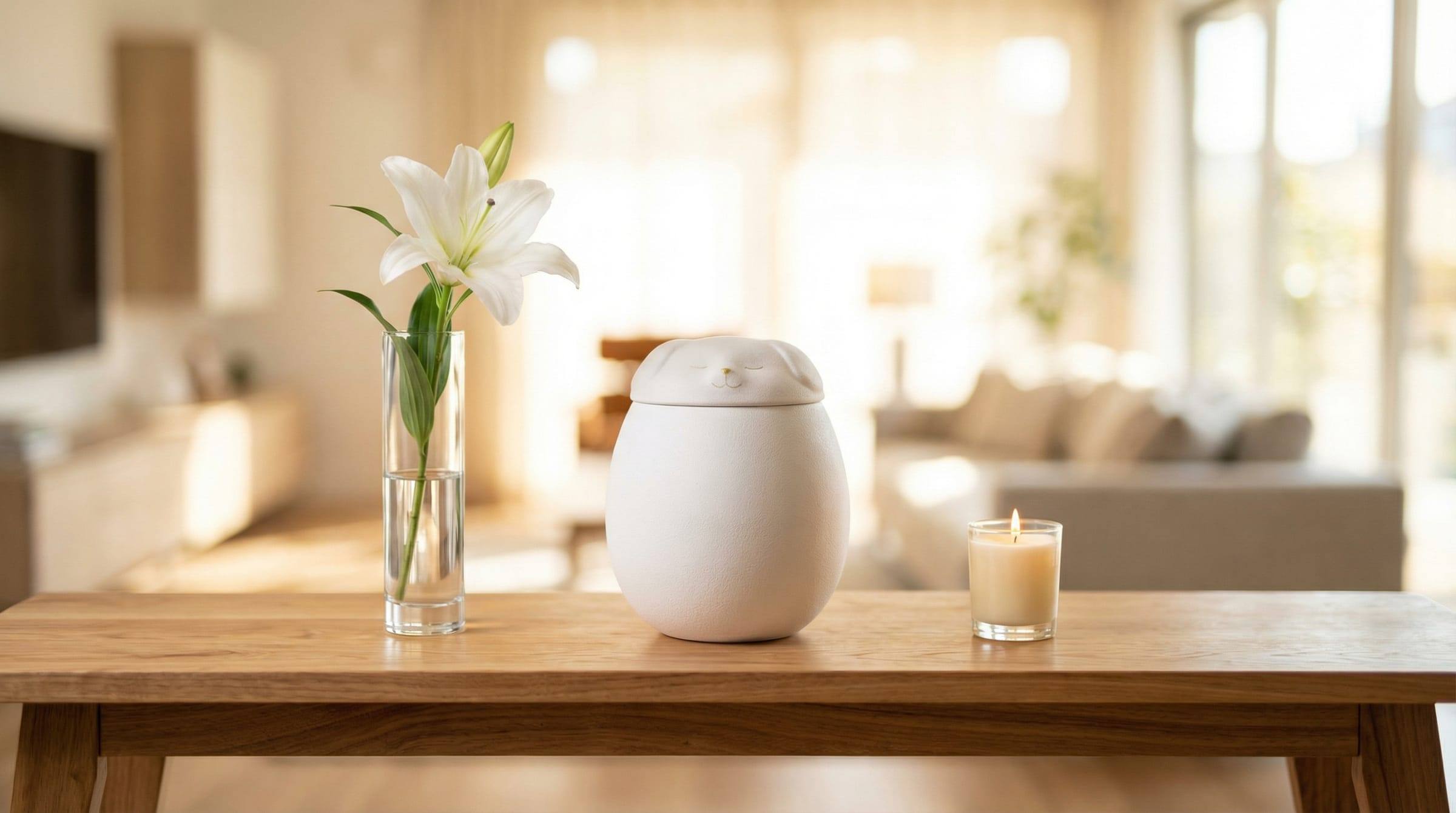 A white ceramic urn beside a lily and a lit candle on a timber table