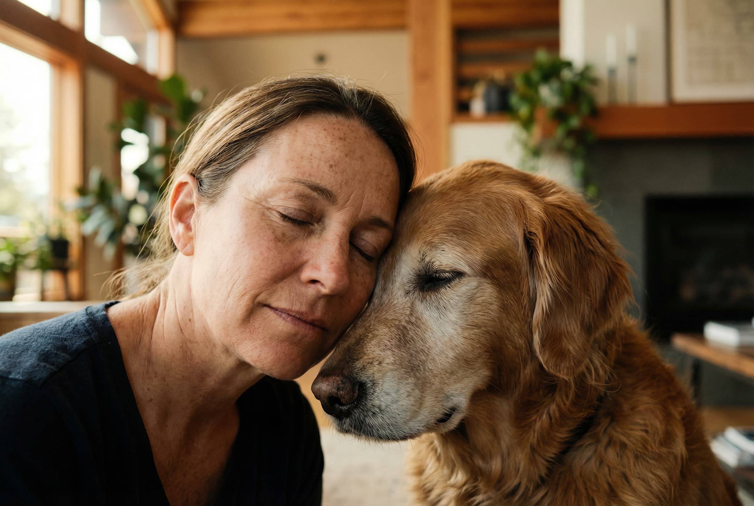 A woman resting her forehead against her old golden dog